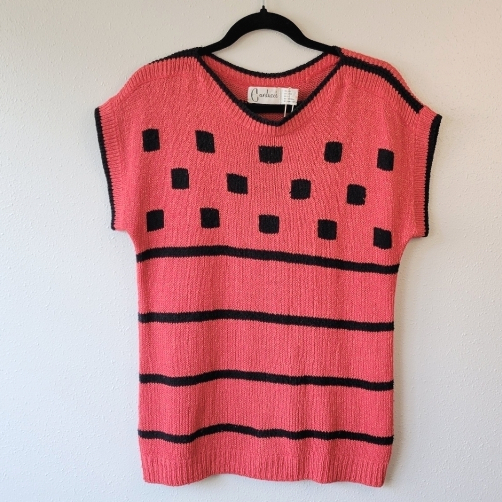 Vintage 90s Knit Silk Sweater Top Cap Sleeve Red Black Geometric Stripe Boatneck